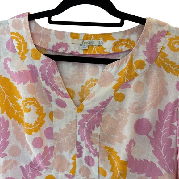 Boden Linen Floral Dress Size 8L Elbow Sleeve Knee Length Split V-Neck Pastel - Picture 3 of 9